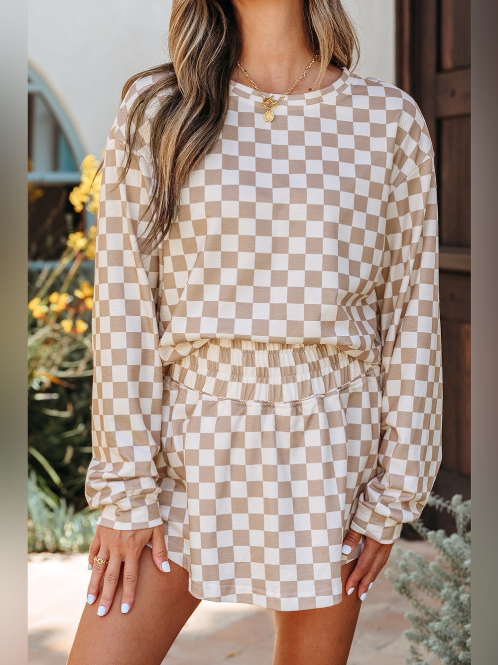 Checkered Long Sleeve Top and Skirt Two-Piece Set
